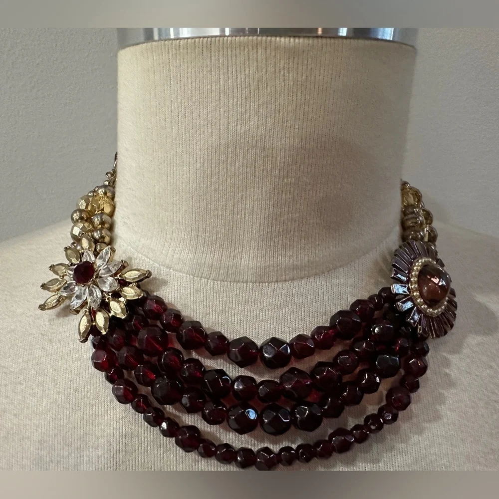 Vintage Multi-Strand Statement Necklace with Velvet Ribbon Accent, Burgundy